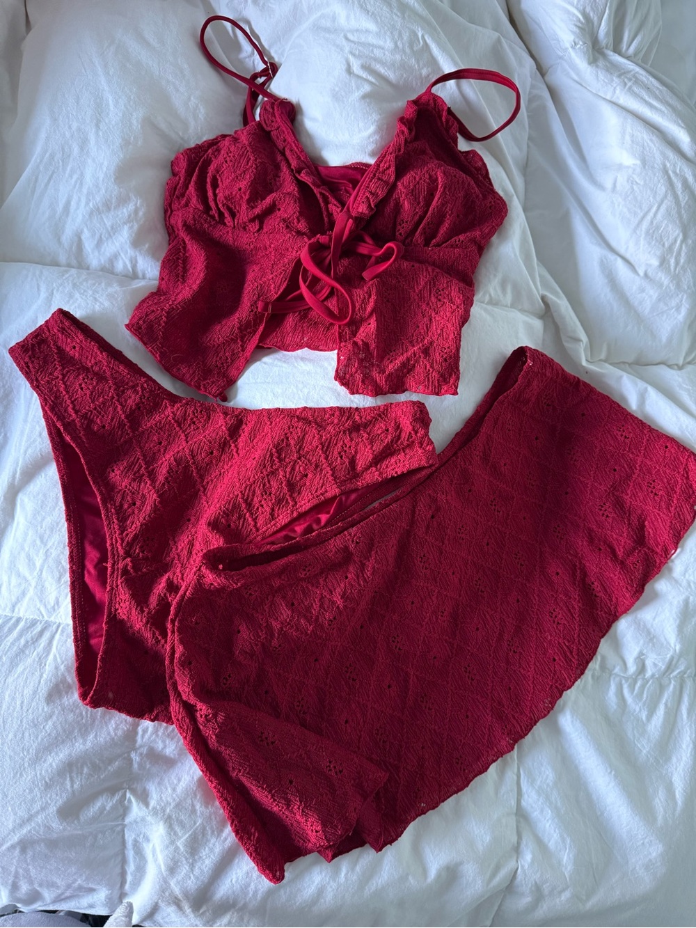 Women's Red Lace-Texture Bikini Set with Skirt
